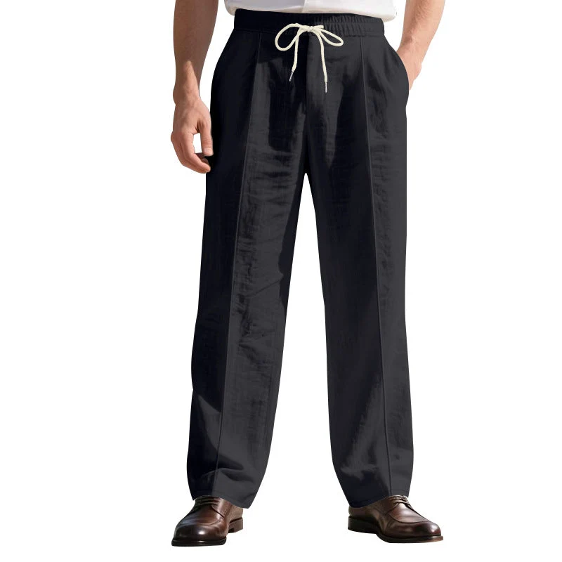 Herren legere Leinen-Bundfaltenhose mit elastischem Bund und Kordelzug
