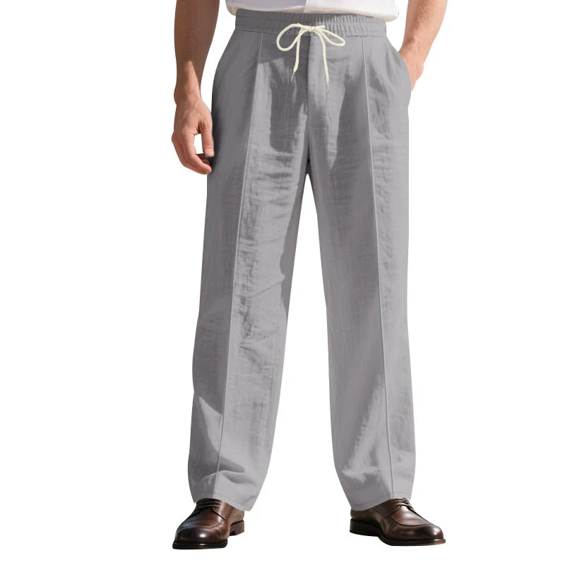 Herren legere Leinen-Bundfaltenhose mit elastischem Bund und Kordelzug