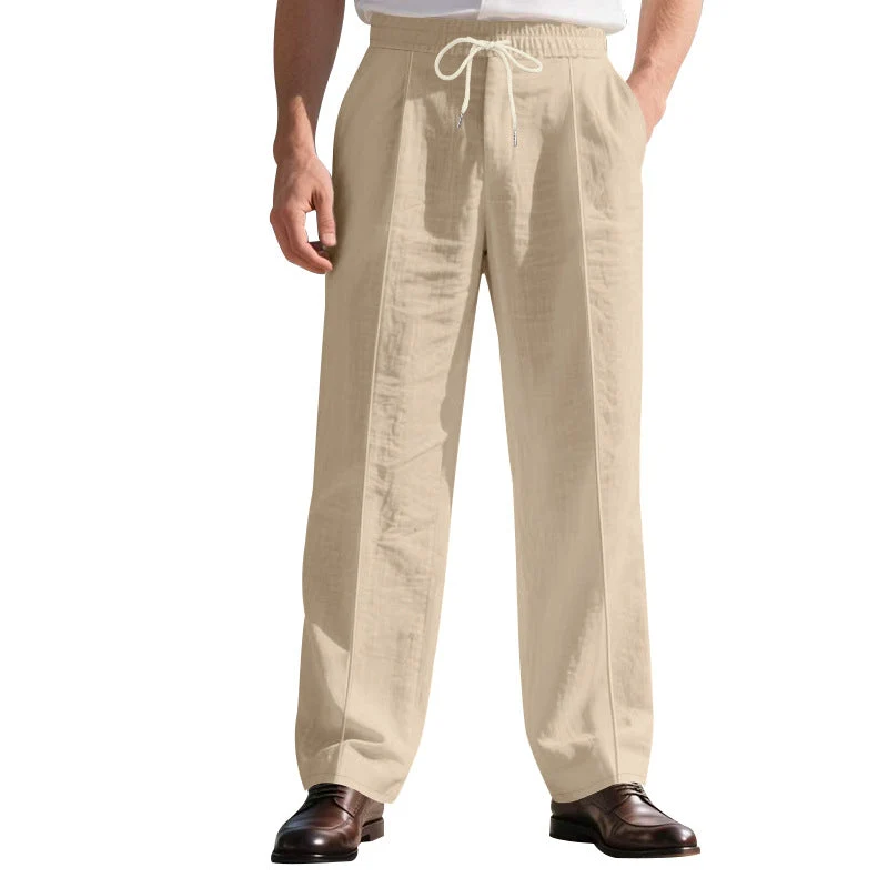 Herren legere Leinen-Bundfaltenhose mit elastischem Bund und Kordelzug