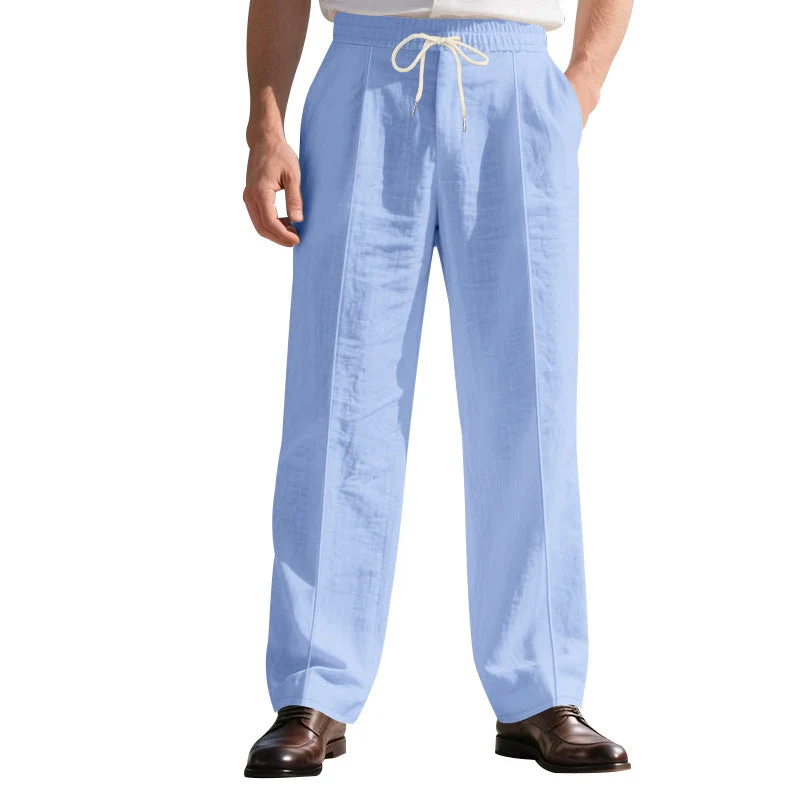 Herren legere Leinen-Bundfaltenhose mit elastischem Bund und Kordelzug