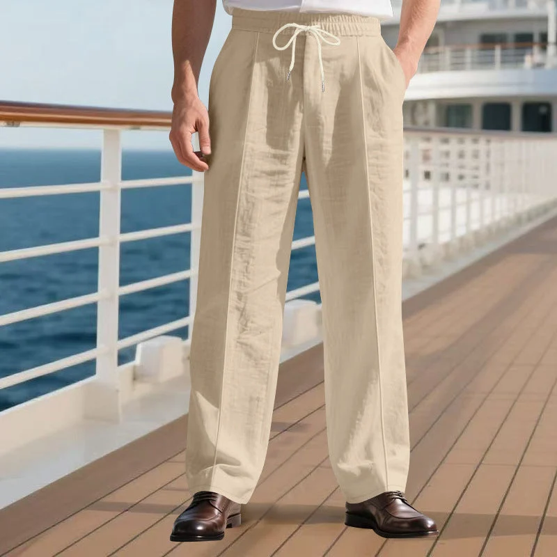 Herren legere Leinen-Bundfaltenhose mit elastischem Bund und Kordelzug