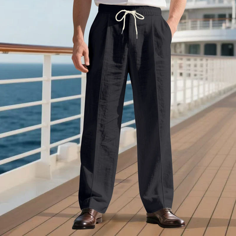 Herren legere Leinen-Bundfaltenhose mit elastischem Bund und Kordelzug