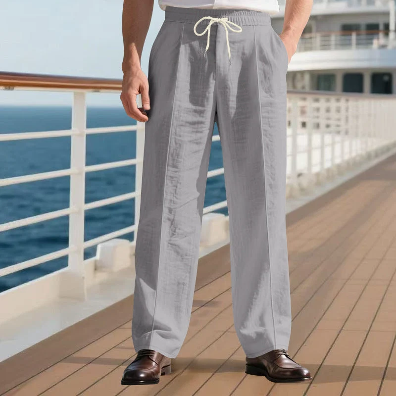 Herren legere Leinen-Bundfaltenhose mit elastischem Bund und Kordelzug