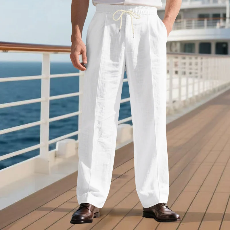 Herren legere Leinen-Bundfaltenhose mit elastischem Bund und Kordelzug