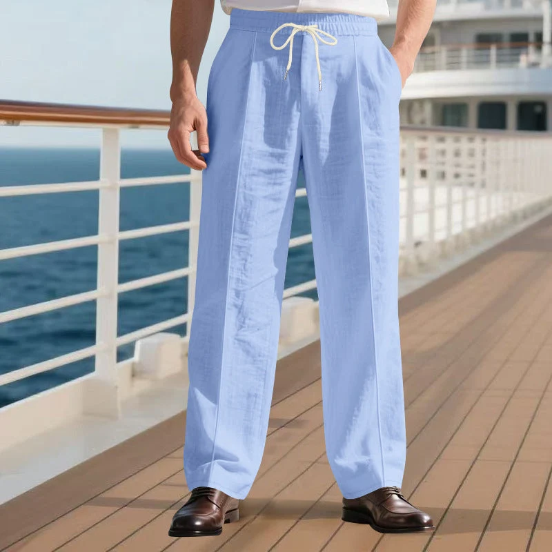 Herren legere Leinen-Bundfaltenhose mit elastischem Bund und Kordelzug