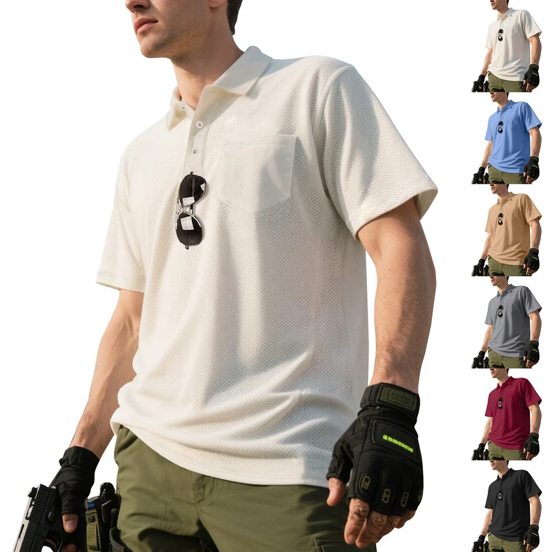 Herren funktionelles Kurzarm-Poloshirt mit Brusttasche, eingearbeiteter Stiftlasche und mikroperforierter Belüftung