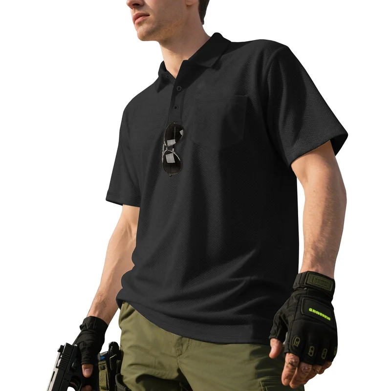 Herren funktionelles Kurzarm-Poloshirt mit Brusttasche, eingearbeiteter Stiftlasche und mikroperforierter Belüftung