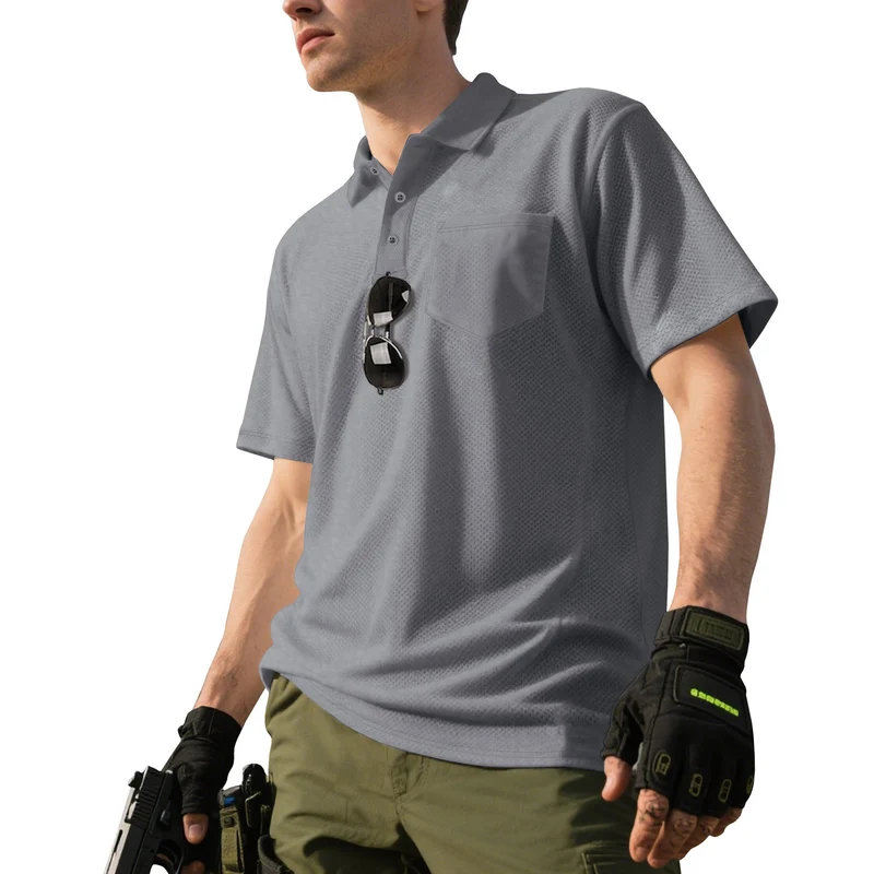Herren funktionelles Kurzarm-Poloshirt mit Brusttasche, eingearbeiteter Stiftlasche und mikroperforierter Belüftung
