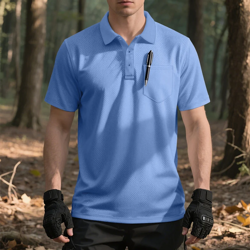 Herren funktionelles Kurzarm-Poloshirt mit Brusttasche, eingearbeiteter Stiftlasche und mikroperforierter Belüftung