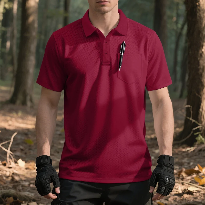 Herren funktionelles Kurzarm-Poloshirt mit Brusttasche, eingearbeiteter Stiftlasche und mikroperforierter Belüftung