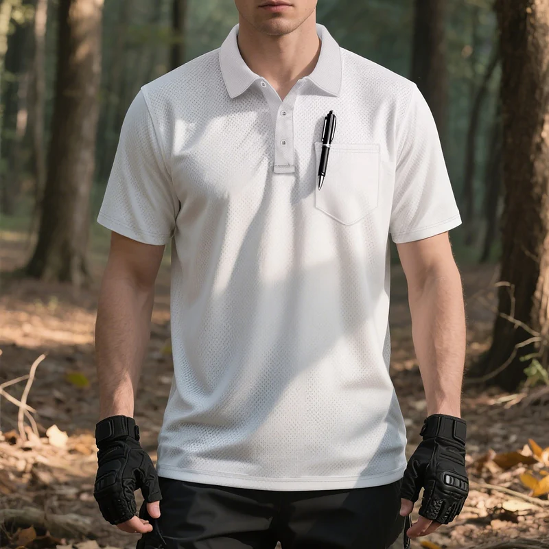 Herren funktionelles Kurzarm-Poloshirt mit Brusttasche, eingearbeiteter Stiftlasche und mikroperforierter Belüftung