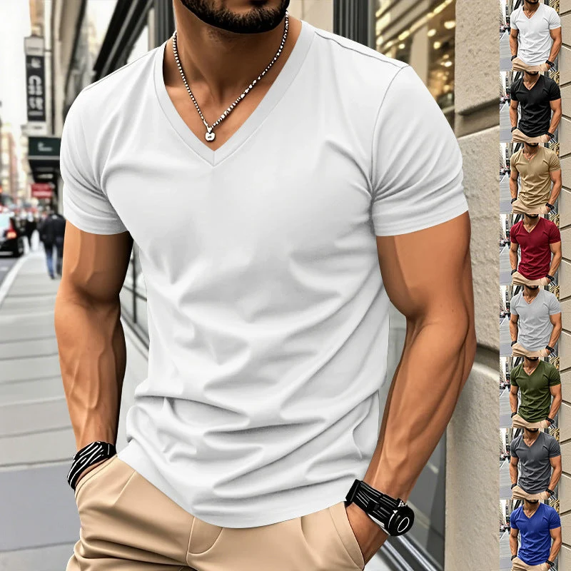 Herren klassisches V-Ausschnitt T-Shirt aus feinem Baumwolljersey mit verstärktem Nackenband und Doppelnaht Nord Taschen