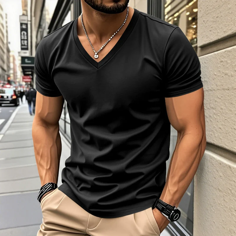 Herren klassisches V-Ausschnitt T-Shirt aus feinem Baumwolljersey mit verstärktem Nackenband und Doppelnaht Nord Taschen