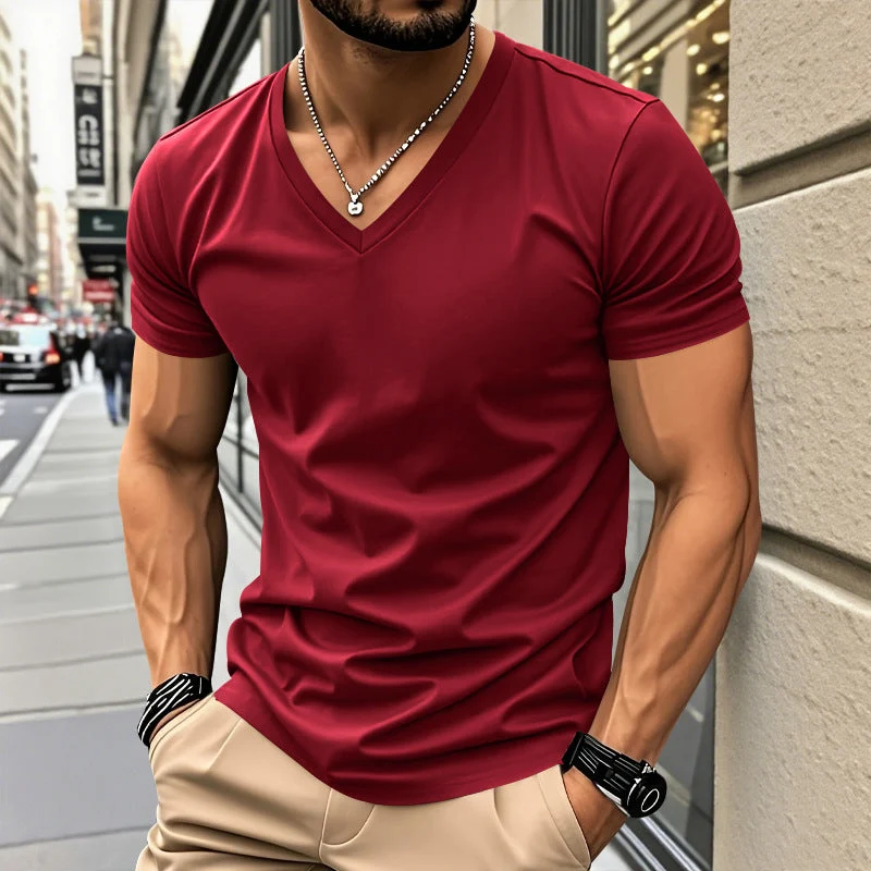Herren klassisches V-Ausschnitt T-Shirt aus feinem Baumwolljersey mit verstärktem Nackenband und Doppelnaht Nord Taschen