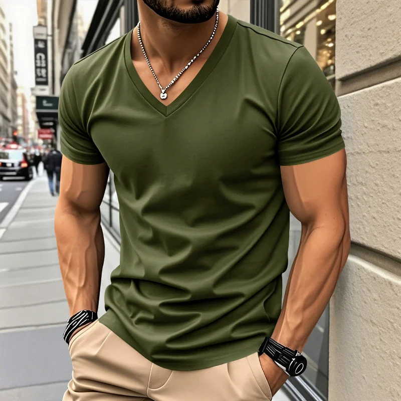 Herren klassisches V-Ausschnitt T-Shirt aus feinem Baumwolljersey mit verstärktem Nackenband und Doppelnaht Nord Taschen