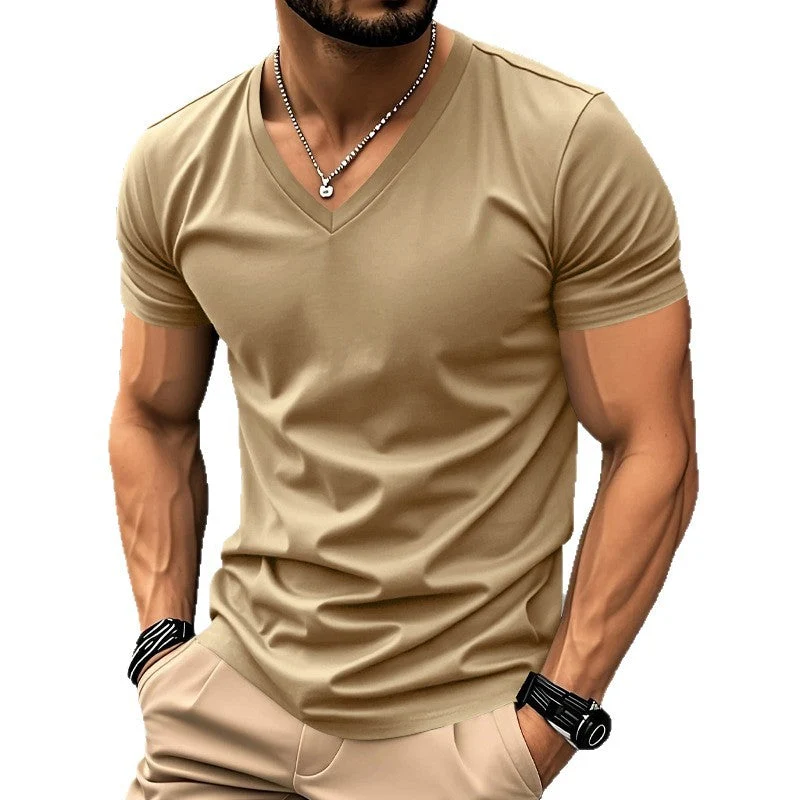 Herren klassisches V-Ausschnitt T-Shirt aus feinem Baumwolljersey mit verstärktem Nackenband und Doppelnaht Nord Taschen
