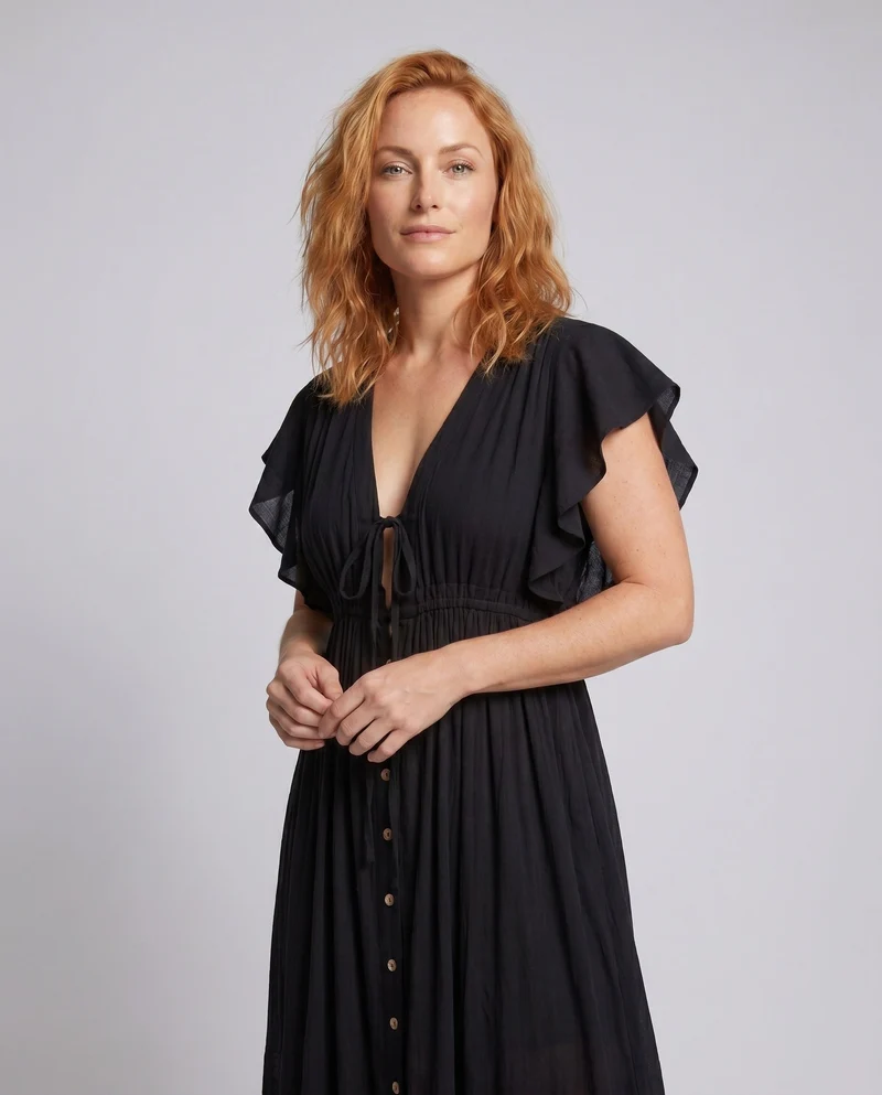 Damen Maxikleid mit tiefem V-Ausschnitt und elastischem Bund