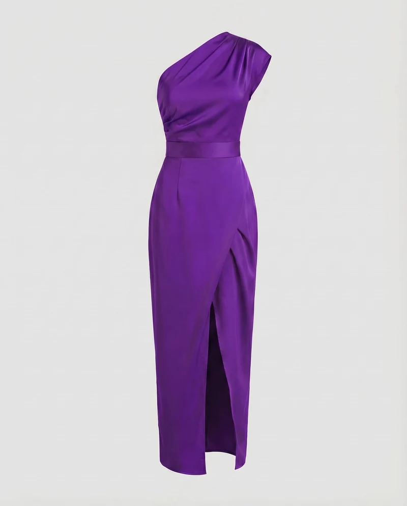 Damen Satinabendkleid Einschulter-Design Tailliert Wickelschlitz