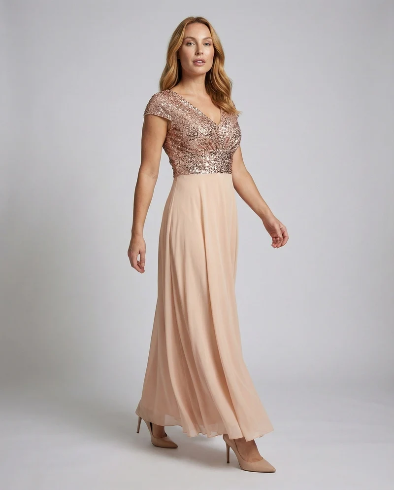 Damen Abendkleid Satin-Optik Kappenärmel Mieder