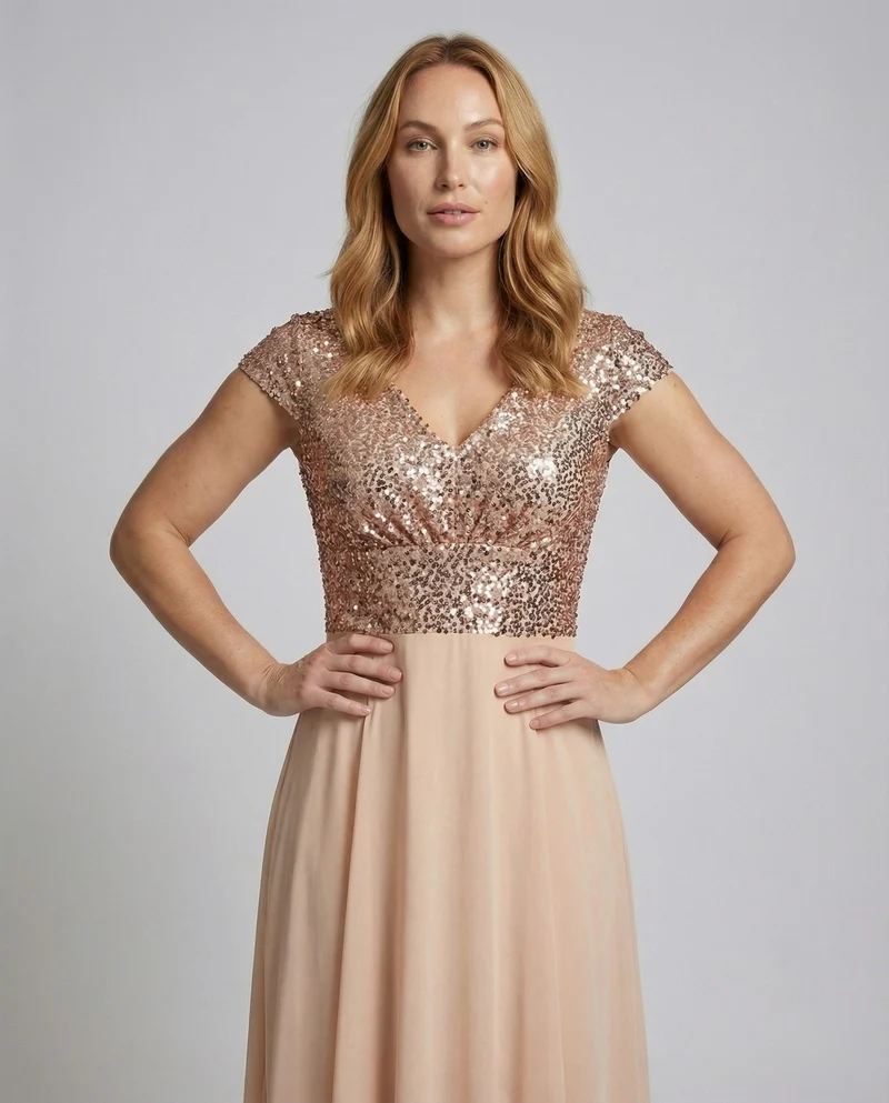 Damen Abendkleid Satin-Optik Kappenärmel Mieder