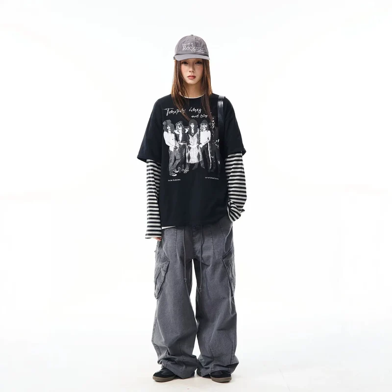 Damen Lässiges Oversized T-Shirt mit gestreiften Ärmeln Nord Taschen