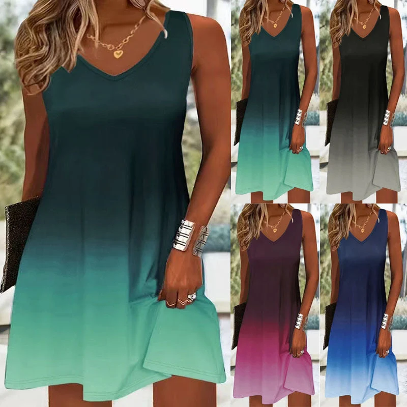 Damen V-Ausschnitt Sommerkleid mit lebhaftem Farbverlauf und leichtem, atmungsaktivem Stoff Nord Taschen