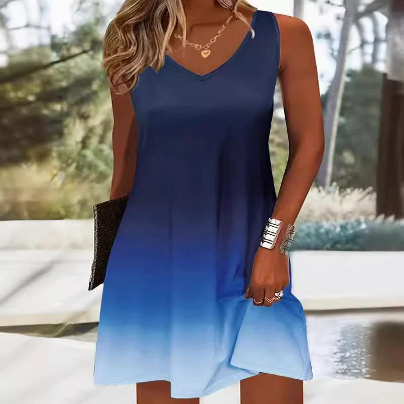 Damen V-Ausschnitt Sommerkleid mit lebhaftem Farbverlauf und leichtem, atmungsaktivem Stoff Nord Taschen