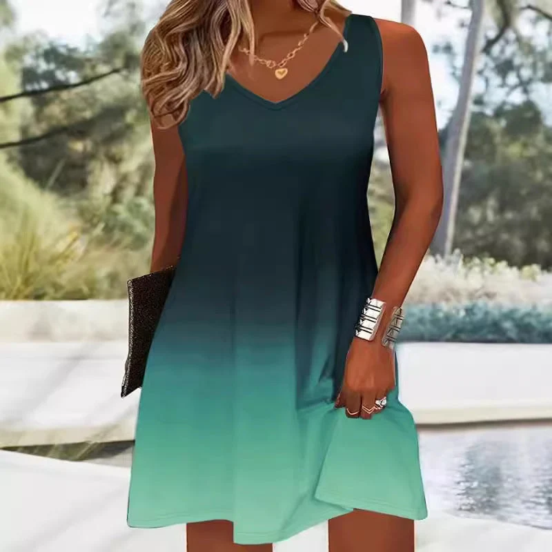 Damen V-Ausschnitt Sommerkleid mit lebhaftem Farbverlauf und leichtem, atmungsaktivem Stoff Nord Taschen