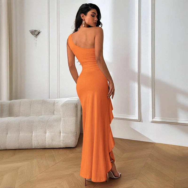 Damen elegantes Langarm-Maxi-Kleid mit asymmetrischem Saum Nord Taschen