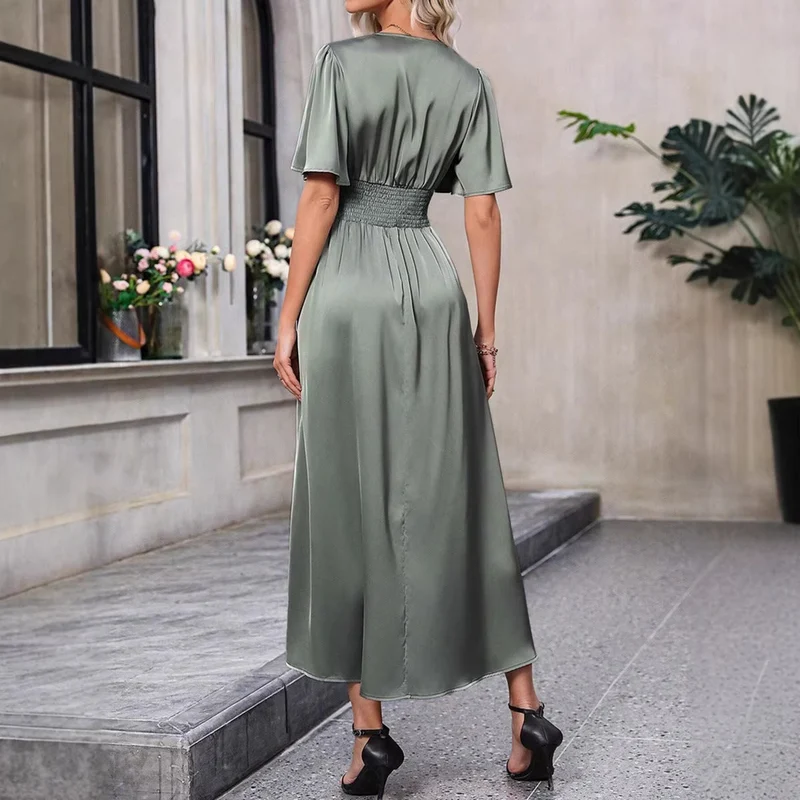 Damen Maxikleid mit elegantem V-Ausschnitt und fließenden Ärmeln Nord Taschen