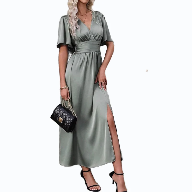 Damen Maxikleid mit elegantem V-Ausschnitt und fließenden Ärmeln Nord Taschen