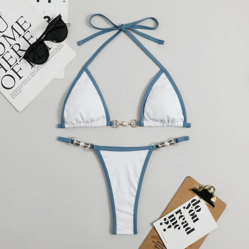 Damen Triangel-Bikini mit modischem Rippdesign und dekorativen Elementen
