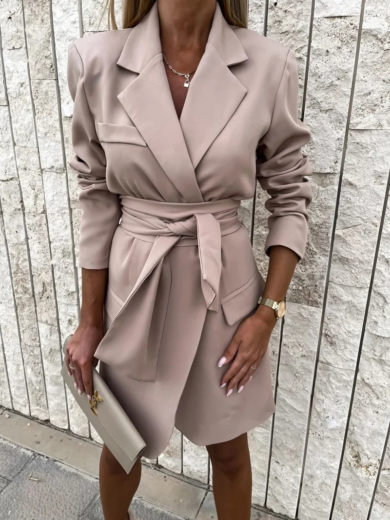 Damen elegantes Mikrokleid mit Gürtel und Taschen