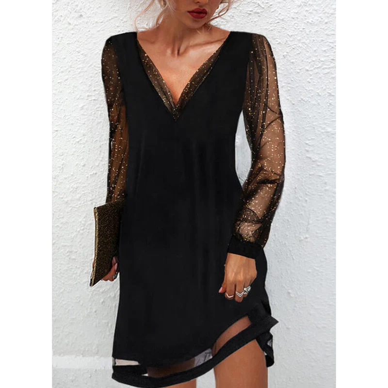 Solides Kleid mit Spitzenbesatz und V-Ausschnitt