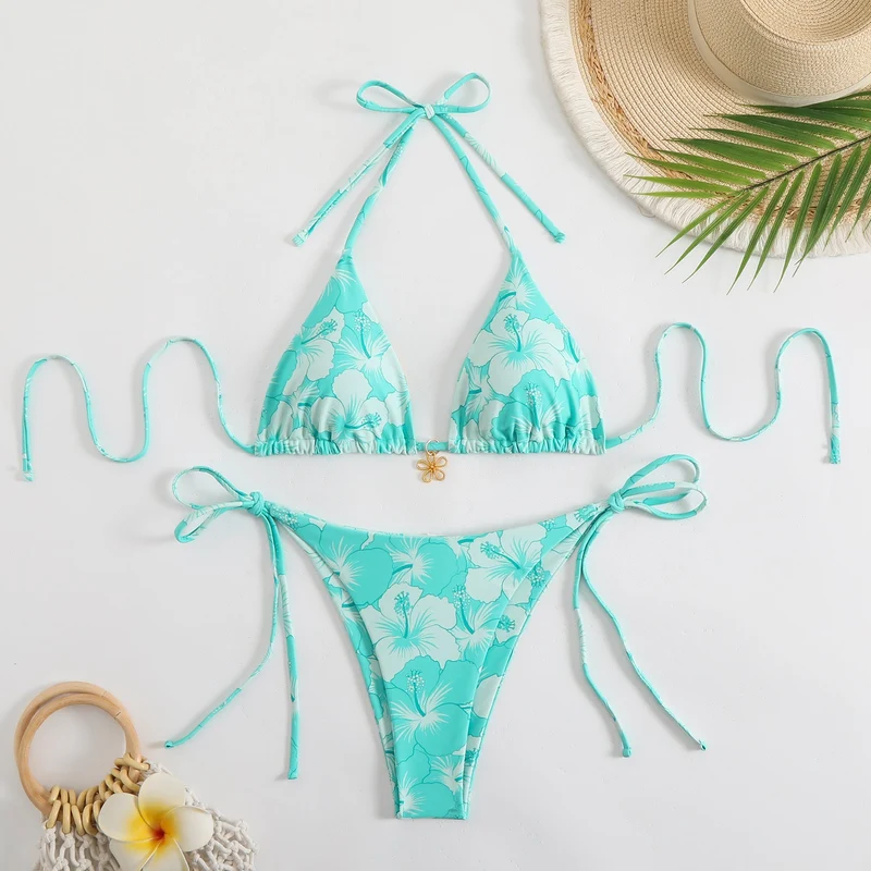 Damen Triangel-Bikini-Set mit floralem Design und verspielten Bindebändern