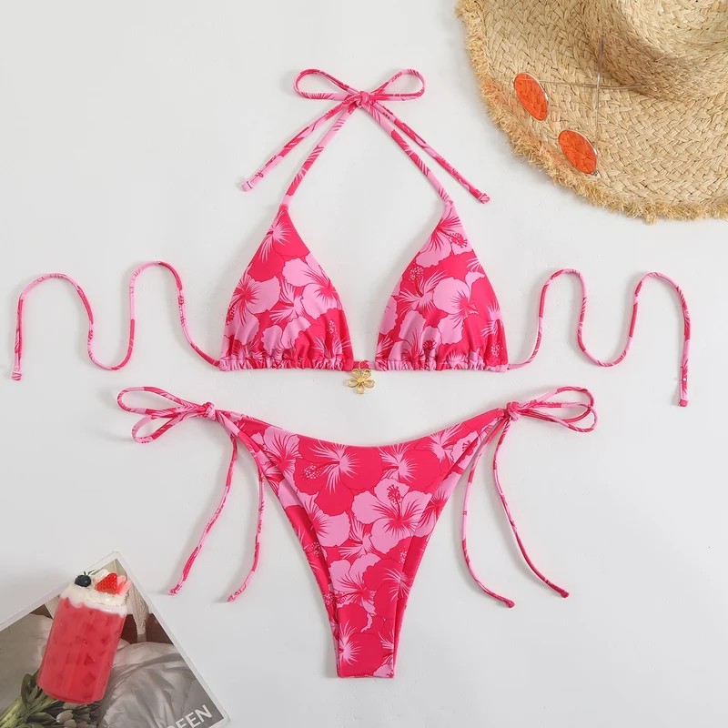 Damen Triangel-Bikini-Set mit floralem Design und verspielten Bindebändern