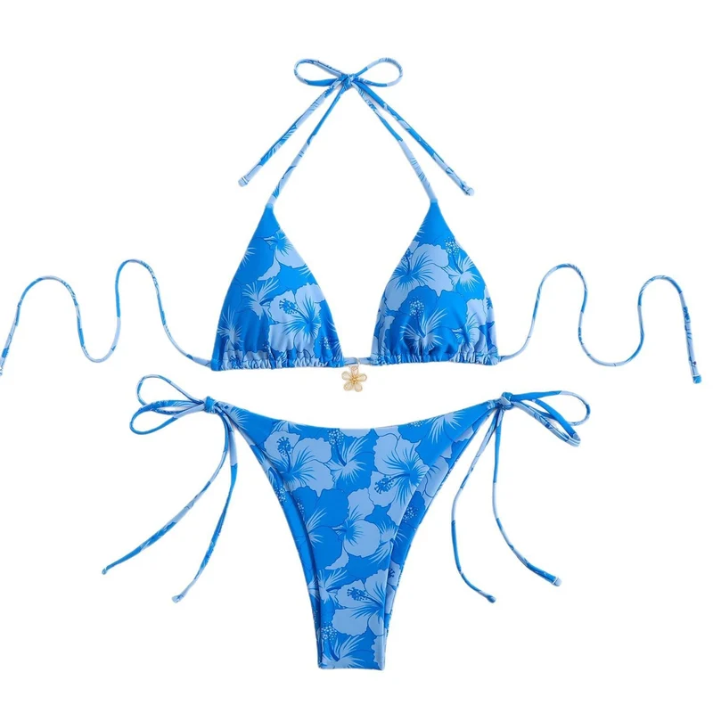 Damen Triangel-Bikini-Set mit floralem Design und verspielten Bindebändern