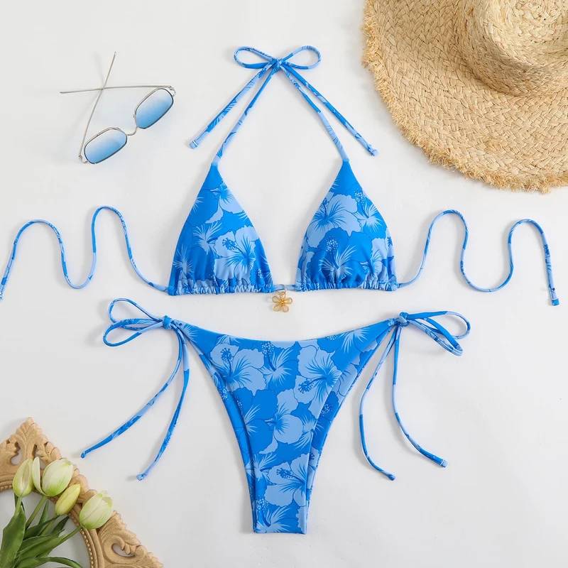 Damen Triangel-Bikini-Set mit floralem Design und verspielten Bindebändern