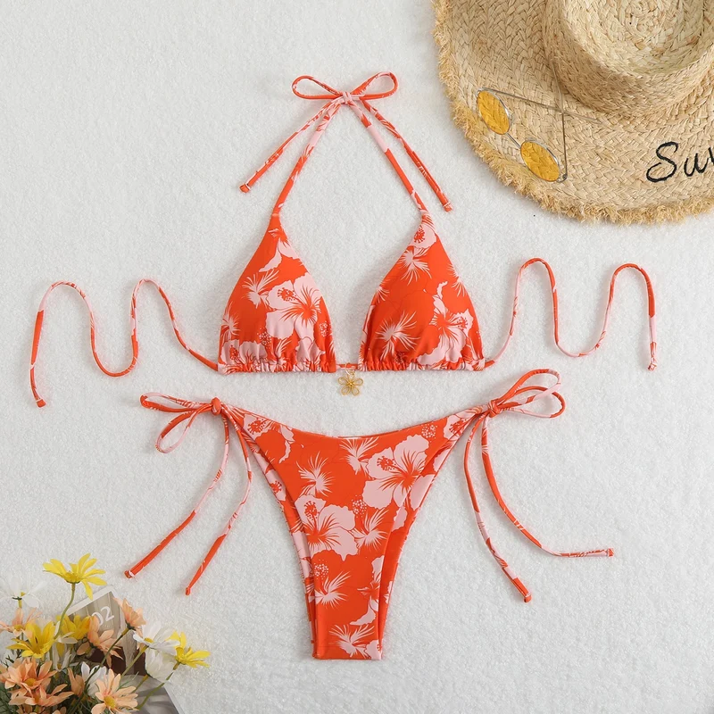 Damen Triangel-Bikini-Set mit floralem Design und verspielten Bindebändern