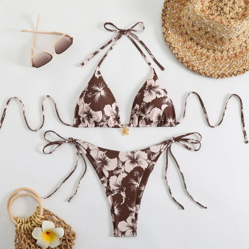 Damen Triangel-Bikini-Set mit floralem Design und verspielten Bindebändern