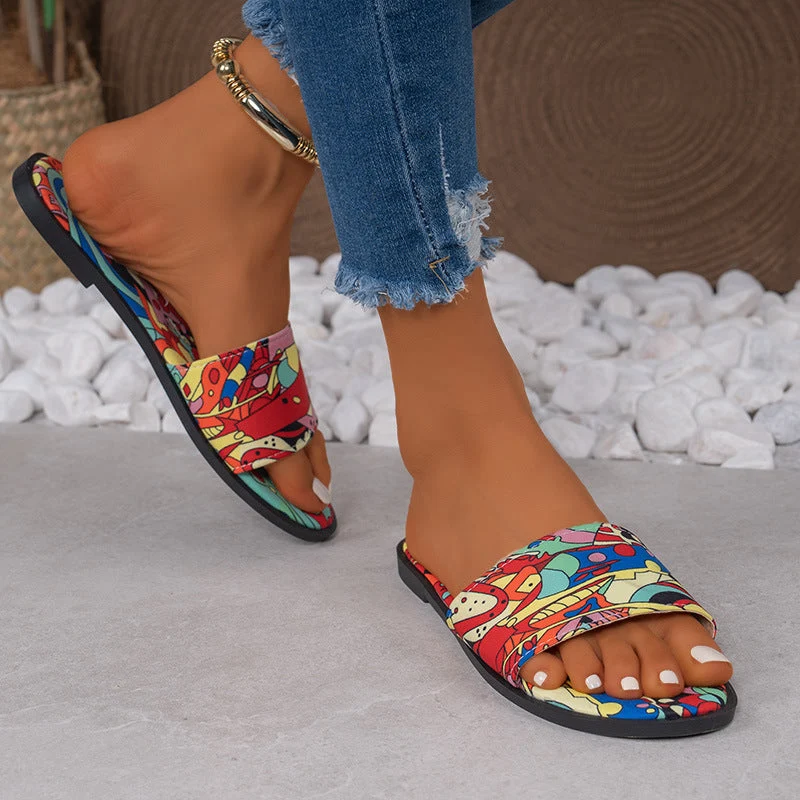 Damen Badesandalen mit buntem Musterdruck und verstellbarem Riemendesign