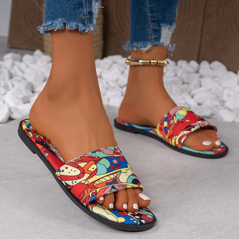 Damen Badesandalen mit buntem Musterdruck und verstellbarem Riemendesign