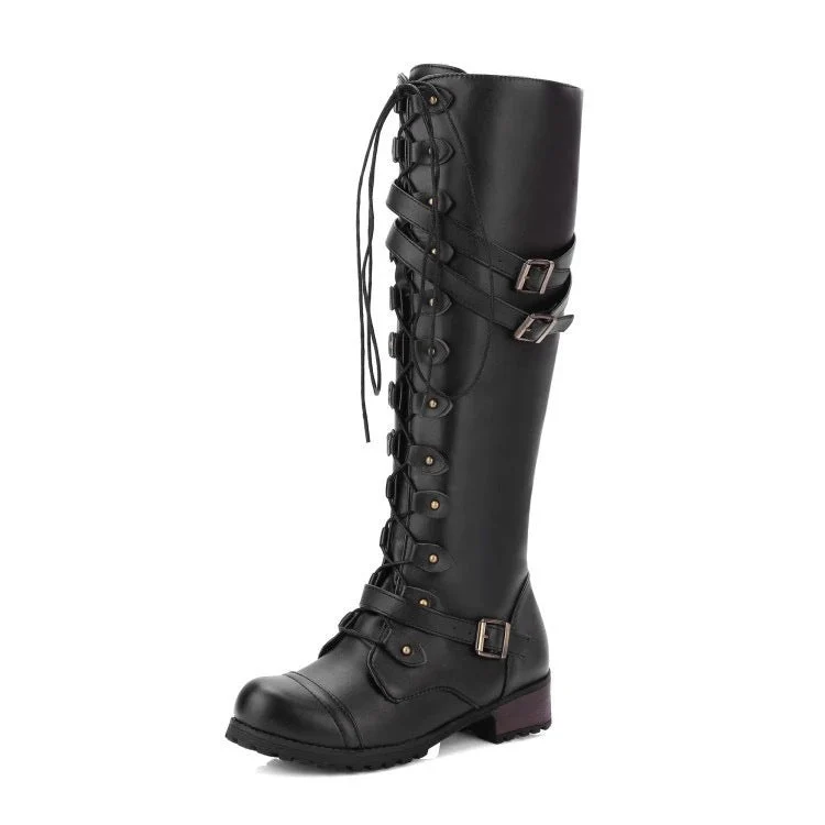 Flache Retro-Stiefel mit Schnalle und Schnürsenkeln