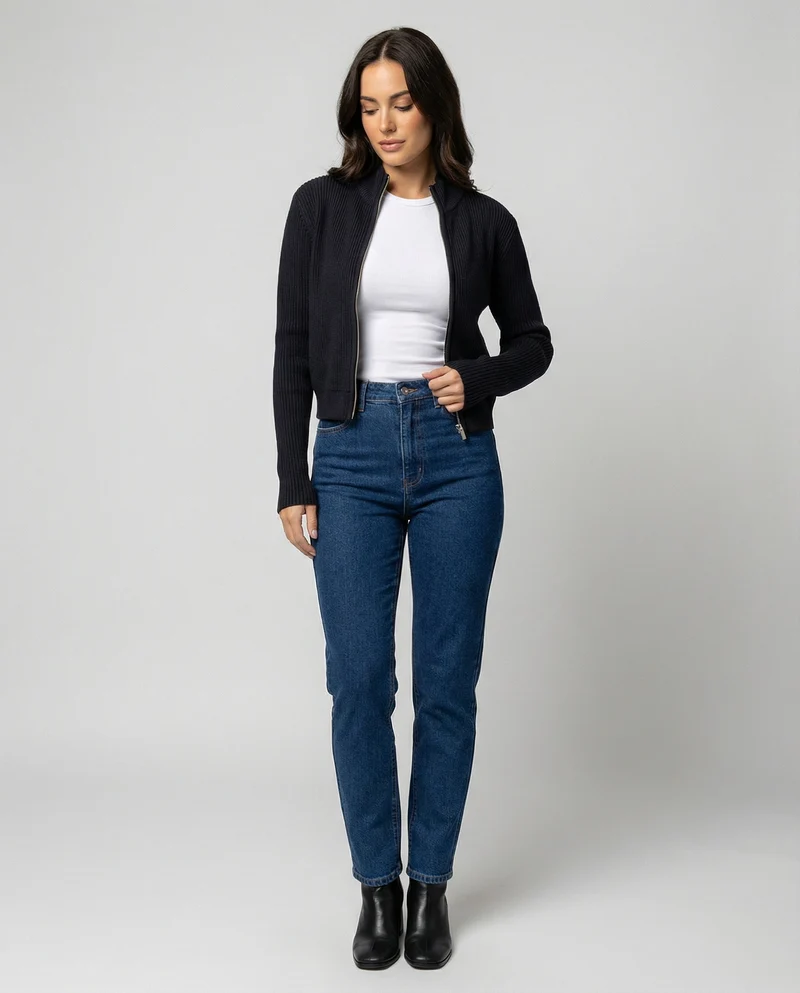Taillierte Damen Strickjacke mit Reißverschluss und Stehkragen in Marineblau