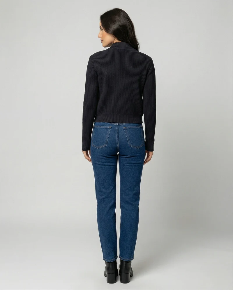 Taillierte Damen Strickjacke mit Reißverschluss und Stehkragen in Marineblau