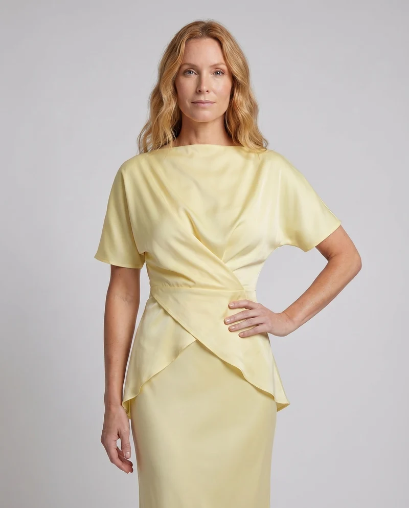 Damen Satin-Abendkleid U-Boot-Ausschnitt Wickel-Taille