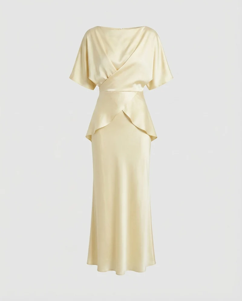 Damen Satin-Abendkleid U-Boot-Ausschnitt Wickel-Taille