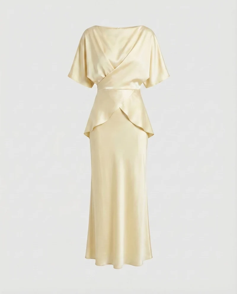Damen Satin-Abendkleid U-Boot-Ausschnitt Wickel-Taille