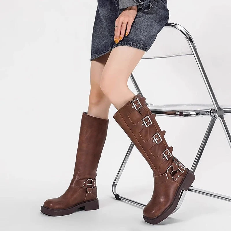 Damen Stiefel mit modischen Schnallen und robustem Blockabsatz