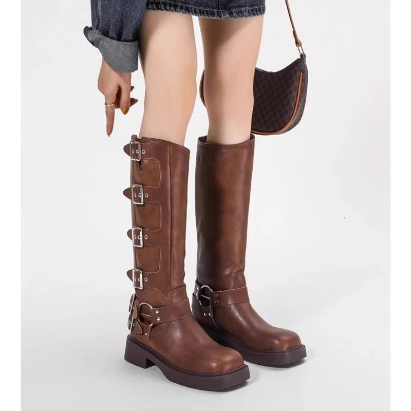 Damen Stiefel mit modischen Schnallen und robustem Blockabsatz